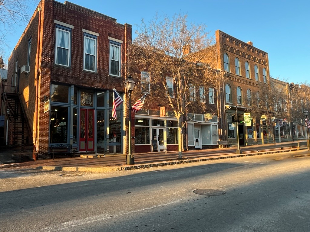 Image of a main street in Jonesborough, TN. Line of historic brick buildings and two American flags on a pole