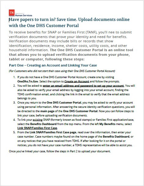 A PDF document that describes and lists instructions for existing customers about the new One DHS Customer Portal