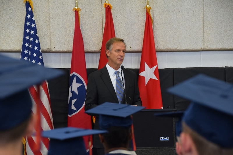 Governor Bill Haslam addresses the Cadets at Tennessee Volunteer ChalleNGe Academy’s first graduation.  Twenty-three candidates completed the 22 week course.