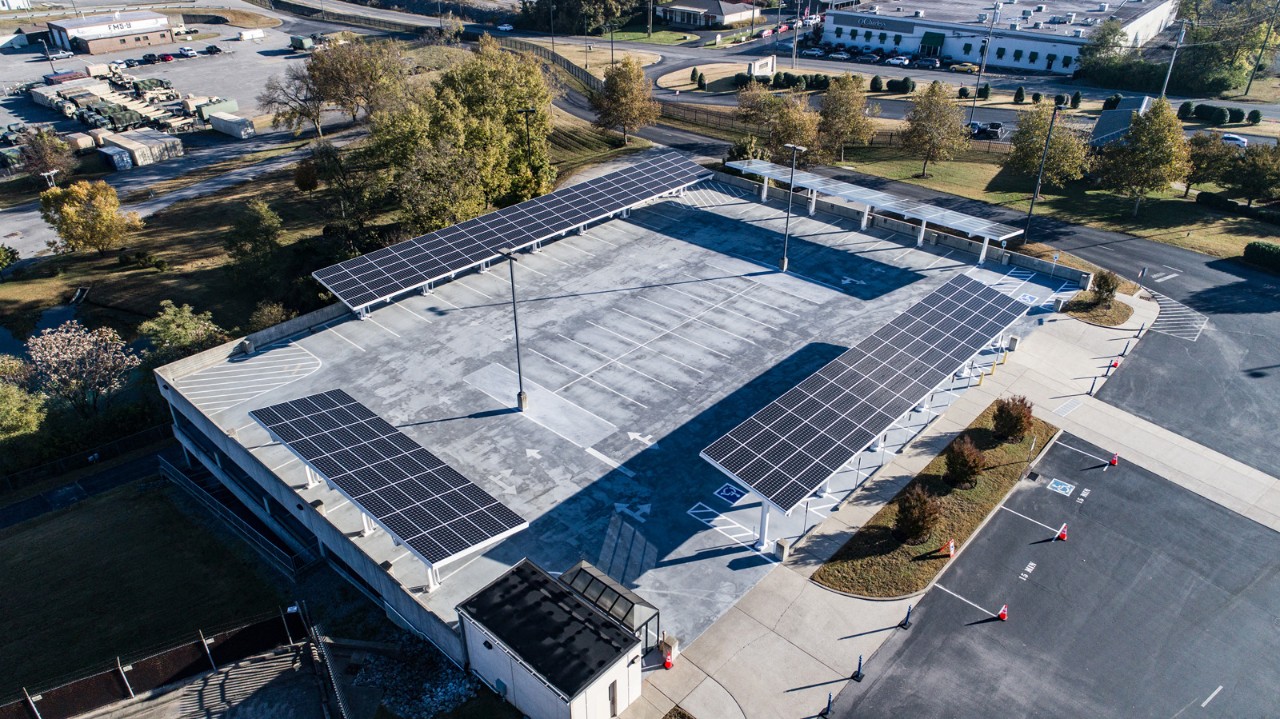 Aerial view of a state-of-the-art Solar Photovoltaic system parking canopy recently installed on the upper deck of the garage at Joint Force Headquarters, Tenn. 