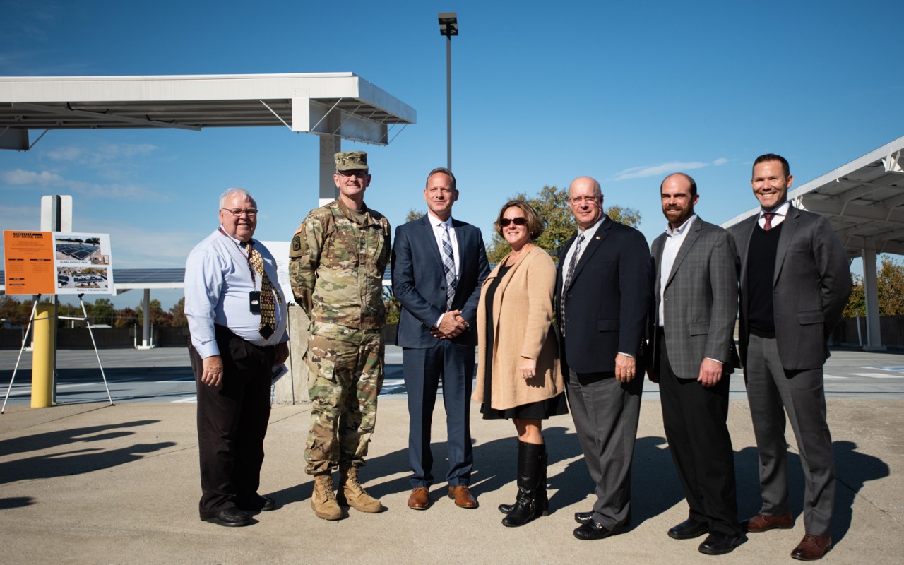 (L to R) Danny Brown, Energy Manager for the Tenn. Army National Guard, Col. Andy Milligan, Construction Facilities Management Officer, Tenn. Army National Guard, Richard Hunter, SLS Energy Solutions, Kathy Glapa, Tenn. Dept. of Environment and Conservation, Todd Smith, SLS Energy Solutions, Chris Koczaja, President of Lightwave Solar and Adam Glod of SLS Energy Solutions pose for a picture after the unveiling of a state-of-the-art Solar Photovoltaic system at the Joint Force Headquarters, Tenn. National Guard in Nashville, November 6, 2019.  
