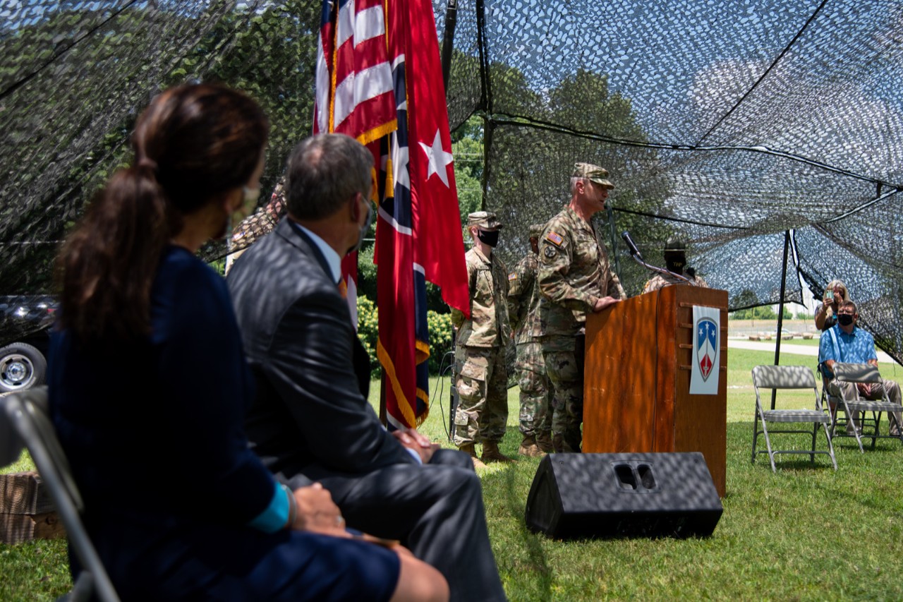 Maj. Gen. Jeff Holmes, Tennessee’s Adjutant General, renders a salute to Sgt. 1st Class Patrick Shields during a ceremony in which Shields was presented with the Soldier’s Medal in Brownsville on July 10. Maj. Gen. Jeff Holmes, Tennessee’s Adjutant General, speaking in front of crowd.