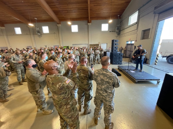 Columbia Nashville Recording Artist Kameron Marlowe performs for more than 300 Soldiers and Airmen with the Tennessee National Guard during a celebration for the National Guard’s 385th birthday at Smyrna’s Volunteer Training Site, Dec. 13. (Photo by Lt. Col. Darrin Haas)