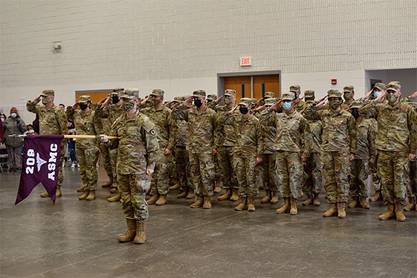 The 208th Medical Company (Area Support) in formation during their departure ceremony at Smyrna’s Volunteer Training Site, Dec. 6. The 208th deployed for a yearlong mission to the Middle East in support of Operation Spartan Shield and Operation Inherent Resolve. (Photo by Sgt. 1st Class Timothy Cordeiro)
