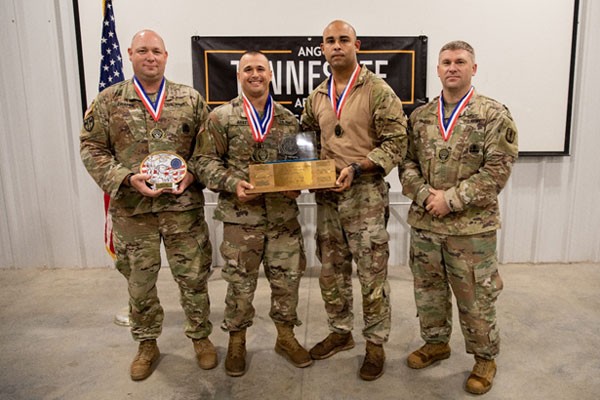 Led by Staff Sgt. Sean Hart, the 117th Regimental Training Institute, headquartered in Smyrna, took first place honors in the TAG Pistol Match, Aug. 22, at Tullahoma’s Volunteer Training Site. The TAG Match is an annual marksmanship competition and training event hosted by the Tennessee Combat Marksmanship Program. (Photo by Pfc. Olivia Gum)