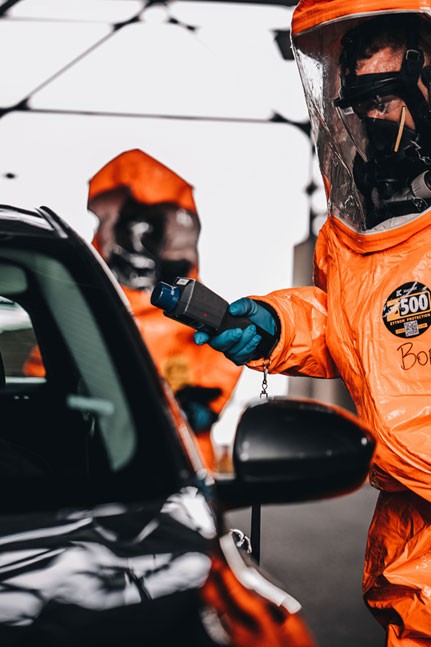 Members of the 45th Civil Support Team check for radiation levels during their Training Proficiency Evaluation at the Nashville Super Speedway in Lebanon, July 29. U.S. Army North administered the evaluation, which mimics real world events and challenges the unit’s skills and decision-making. (Photo by 1st Lt. Sarah Kohrt)
