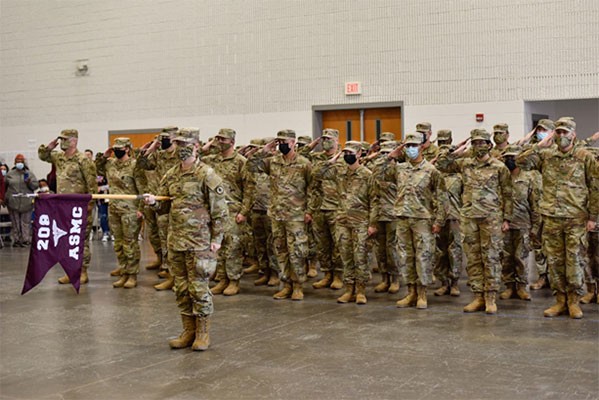 Soldiers from the Tennessee Army National Guard’s 208th Medical Company conduct a departure ceremony at Smyrna’s Volunteer Training Site in December 2021 prior to deploying to the Middle East. (photo by Sgt. 1st Class Timothy Cordeiro)  