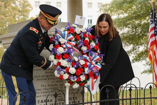 Col. Cory Scates, Deputy Chief of Staff, Intelligence, Tennessee National Guard, and Sarah Elizabeth Hickman-Mcleod, James K. Polk Association Board Member, lay a wreath at the tomb of President James K. Polk, Nov. 2, at the Tennessee State Capitol, in Nashville. A wreath is laid on the tomb of former presidents each year on their birthday on behalf of the current president. (Tennessee Army National Guard photo by Sgt. 1st Class Timothy Cordeiro)