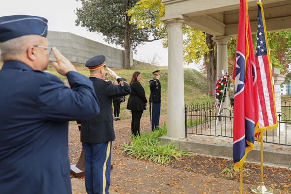 Members of the Tennessee National Guard and the James K. Polk Association pay tribute to President James K. Polk, while Taps is played, Nov. 2, at the Tennessee State Capitol, in Nashville. A wreath is laid on the tomb of former presidents each year on their birthday on behalf of the current president. (Tennessee Army National Guard photo by Sgt. 1st Class Timothy Cordeiro)