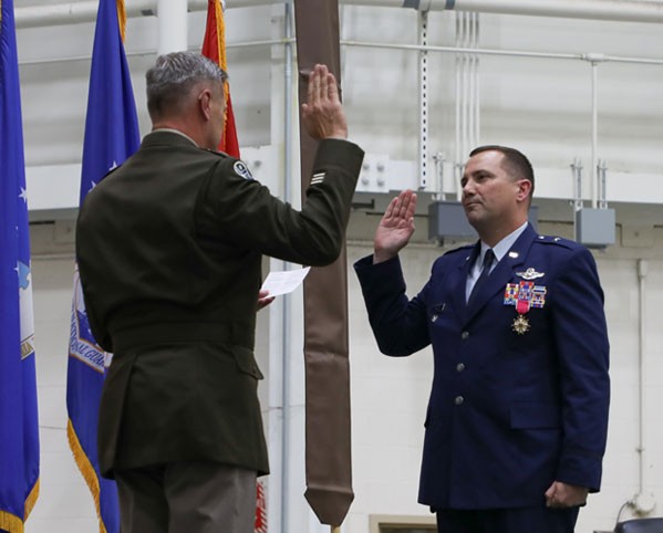 Maj. Gen. Jeff Holmes, Tennessee’s Adjutant General, re-affirms Brig. Gen. Todd Wiles oath during his promotion ceremony to brigadier general in the Tennessee Air National Guard held at Berry Field Air National Guard Base in Nashville, Nov. 5. (photo by Tech. Sgt. Darrell Hamm)