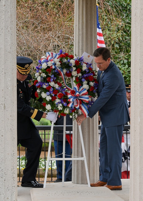 Brig. Gen. Warner A. Ross II, Tennessee National Guard’s Assistant Adjutant General – Army, and Cameron Sexton, Tennessee House Speaker, place a commemorative wreath on President Andrew Jackson’s tomb, March 15, at Jackson’s home, The Hermitage, outside Nashville. The ceremony took place on what would have been Jackson’s 255th birthday. (photo by Edgar Castro)