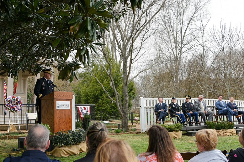 Brig. Gen. Warner A. Ross II, Tennessee National Guard’s Assistant Adjutant General – Army, makes remarks during a wreath-laying ceremony, March 15, at Jackson’s home, The Hermitage, outside Nashville. The ceremony took place on what would have been Jackson’s 255th birthday. (photo by Edgar Castro)