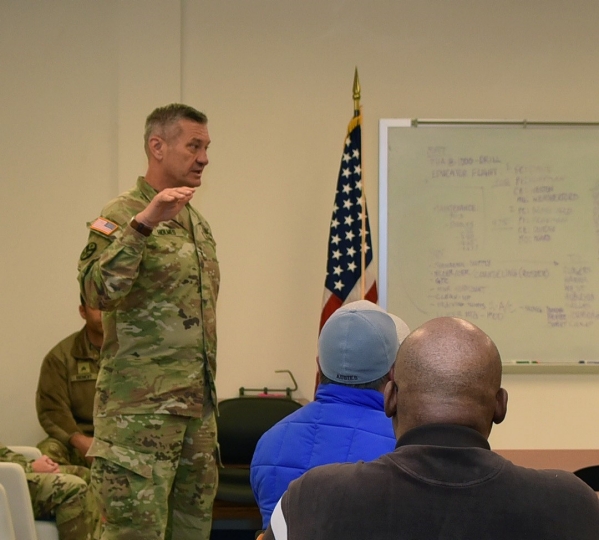 Maj. Gen. Jeff Holmes, Tennessee’s Adjutant General, briefs educators from East Tennessee about educational benefits the Army National Guard offers, at the Knoxville National Guard’s Army Aviation Support Facility #2, April 9. (photo by Staff Sgt. Melissa Dearstone)