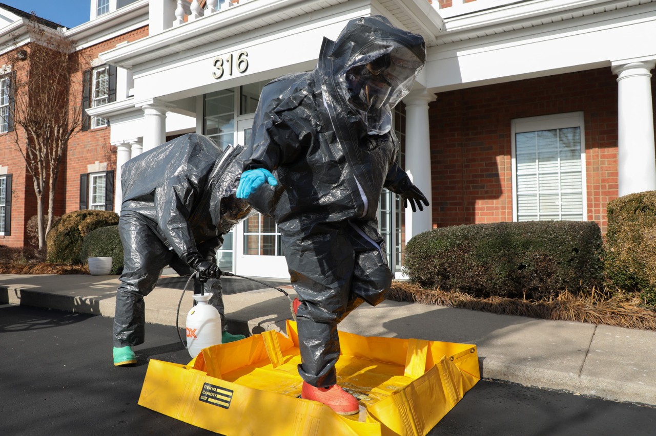 Members of the Tennessee National Guard’s 45th Civil Support Team conduct decontamination procedures during their Training Proficiency Evaluation, Jan. 10, in Murfreesboro. The evaluation is administered by U.S. Army North and is a congressionally mandated examination to validate the readiness of civil support teams every 18 months. (Photo by Sgt. 1st Class Timothy Cordeiro)