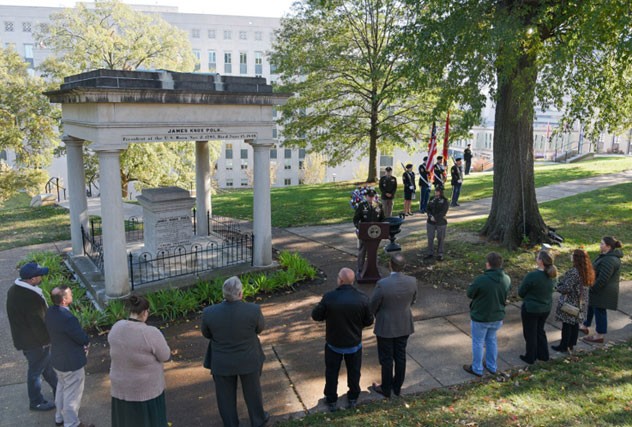 Col. John Kinton, commander of Jackson’s 194th Engineer Brigade, represented President Joe Biden and was the keynote speaker during a wreath-laying ceremony at the Tennessee State Capitol, Nov. 2, in honor of President James K. Polk’s 227th birthday. (photo by retired Sgt. 1st Class Edgar Castro) 