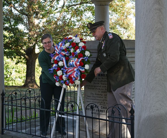 Col. John Kinton, commander of Jackson’s 194th Engineer Brigade, and Jaryn Abdallah, the education and outreach coordinator for the President James K. Polk Home and Museum, lay a wreath on Polk’s tomb during a wreath-laying ceremony at the Tennessee State Capitol, Nov. 2, in honor of President James K. Polk’s 227th birthday. (photo by retired Sgt. 1st Class Edgar Castro) 