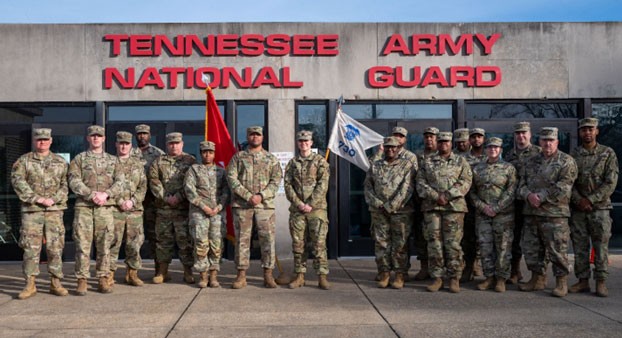 The command and leadership team from the 730th Composite Supply Company in Memphis pose for a photograph, Feb. 4, as they prepare for their ten-month deployment to Kuwait. (photo by Senior Airman Travonna Hawkins) 