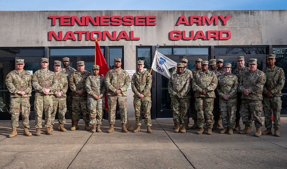 The command and leadership team from the 730th Composite Supply Company in Memphis pose for a photograph, Feb. 4, as they prepare for their nine-month deployment to Kuwait. (photo by Senior Airman Travonna Hawkins) 