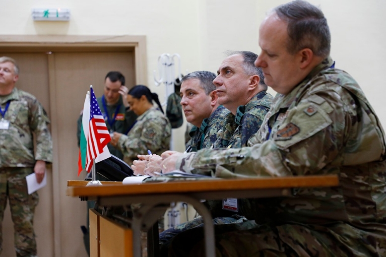 Colonels Anton Gachev, Hristo Hristov, and Jay Jackson are briefed during a commander’s update regarding Thracian Sentry 23 on June 14, outside Sofia, Bulgaria. (photo by Lt. Col. Marlin Malone) 