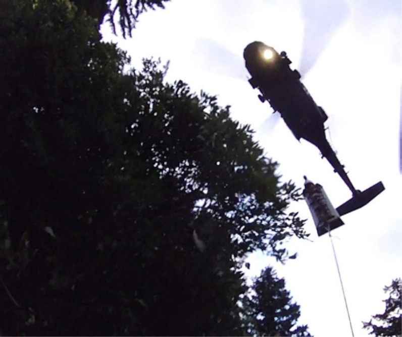 An injured hiker, who is immobilized and protected on a Skedco stretcher, is hoisted into a hovering Tennessee Army National Guard Blackhawk helicopter during a rescue at the Great Smoky Mountains National Park, July 27. (Submitted photo)