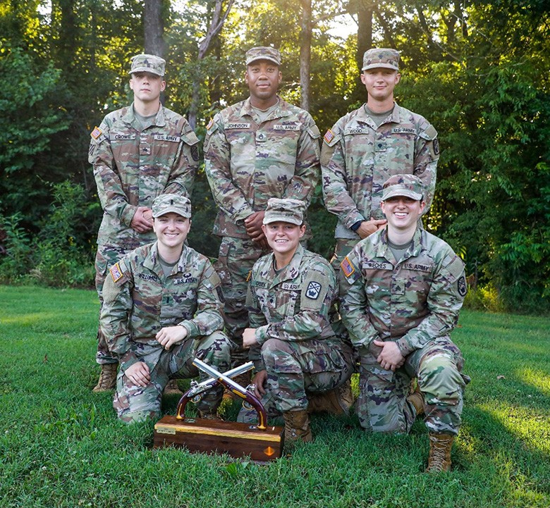From top left to bottom right, Sgt. Brandon Crowe, Staff Sgt. William Johnson, Spc. Dacota Wood, 1st Lt. Lauren Williams, Spc. Valerie Cheek, and Sgt. Jocelyn Rieches. Military Policemen with the 252nd Military Police Company pose after winning the 2nd Annual Harper’s Ferry Competition held at Catoosa’s Volunteer Training Site, Georgia, from August 4-5. The competition tested the Soldiers skills and identified the best squad in the 117th Military Police Battalion. (U.S. Army National Guard photo by Sgt. James Bolen Jr.)