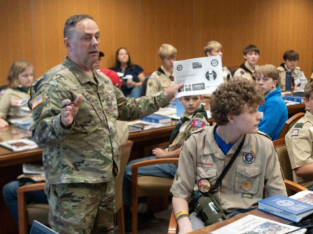 Retired Col. Jimmie Reed assists with teaching the citizenship in the nation merit badge at the 3rd Annual Merit Badge University hosted by the Tennessee Military Department at Nashville’s Joint Force Headquarters, April 27. (photo by Staff Sgt. Matthew Brown)