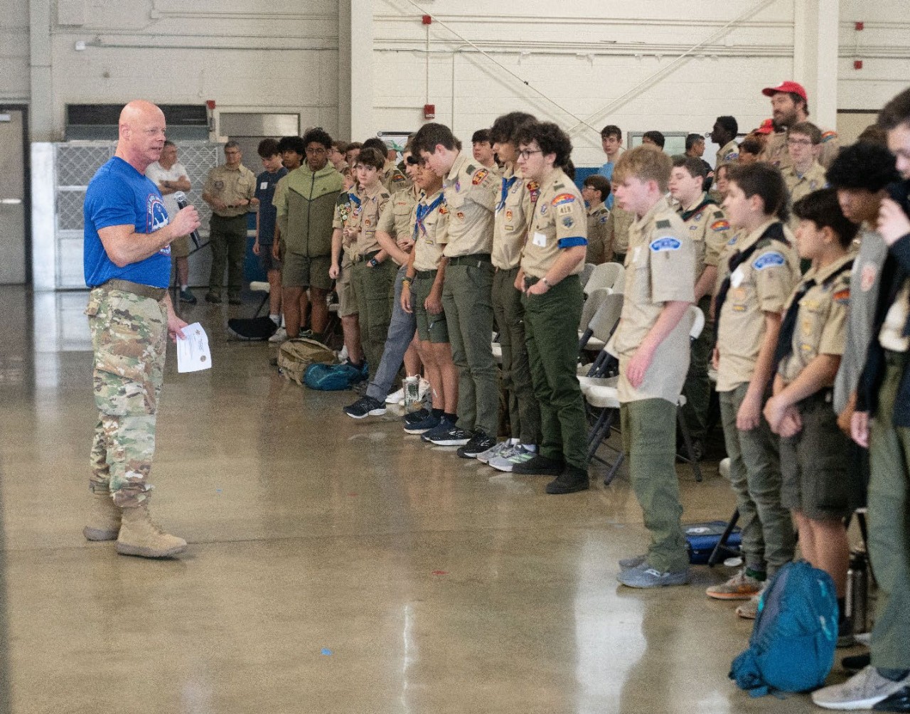 Sgt. 1st Class Ken Weichert talks with scouts during the opening ceremony for the 3rd Annual Merit Badge University hosted by the Tennessee Military Department at Nashville’s Joint Force Headquarters, April 27. (photo by Staff Sgt. Matthew Brown)