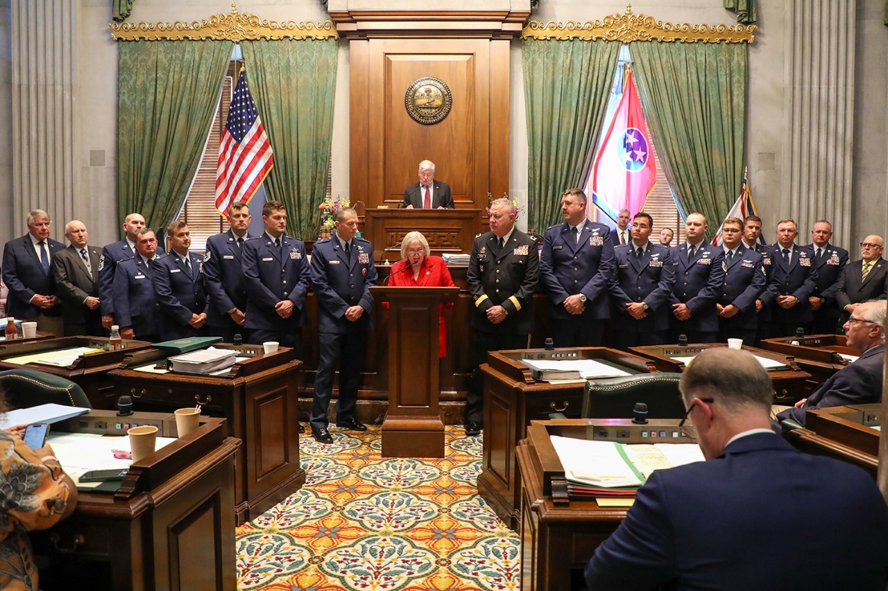 Members of the Tennessee Air National Guard’s 134th Air Refueling Wing are honored by the Tennessee Senate with Senate Joint Resolution 150, which was presented to them by Senator Becky Massey, a member of the Tennessee Senate from 6th District, in Tennessee’s Senate chambers, April 14. The Resolution was in honor of the Airmen’s heroism resulting in the awarding of Distinguished Flying Crosses while deployed for Operation True Promise. (photo by Lt. Col. Darrin Haas)