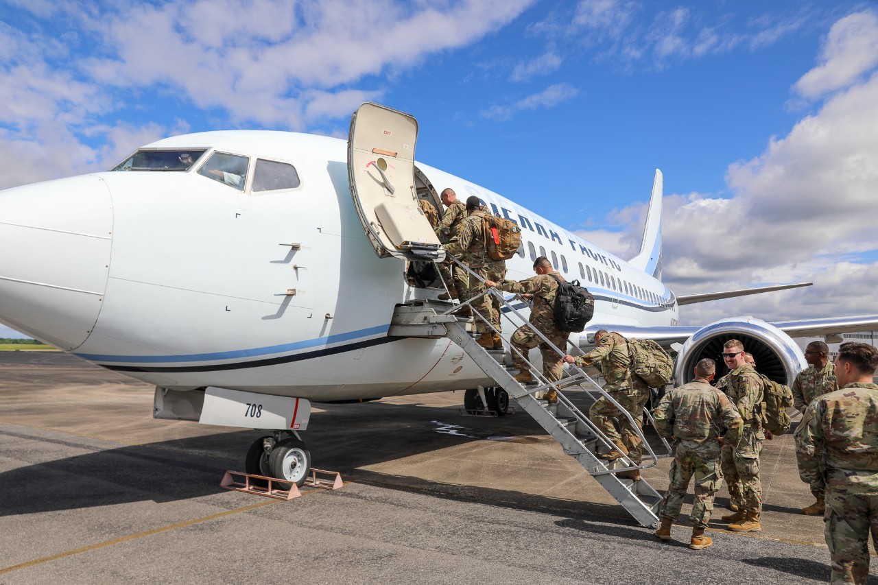 Soldiers with the 278th Armored Calvary Regiment's Task Force Two depart Volunteer Training Site-Smyrna enroute to Fort Cavasos, Texas, May 30, for additional training before flying to Kuwait for a nearly year-long deployment. (photo by Spc. Landon Evans)