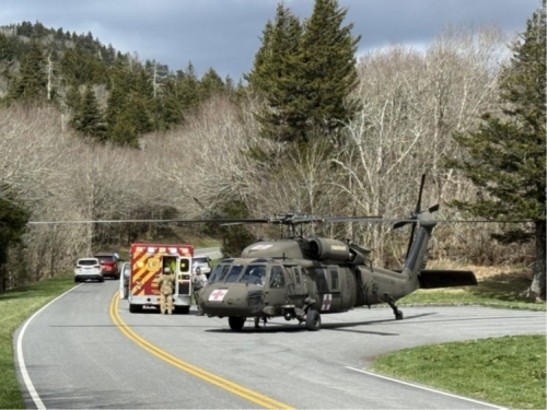 A Tennessee Army National Guard UH-60 Blackhawk lands at Dillons Gap parking lot along Kuwohi Road, in the Great Smoky Mountain National Park, to airlift a park visitor suffering cardiac arrest to the University of Tennessee Medical Center in Knoxville, April 1. (submitted photo)    