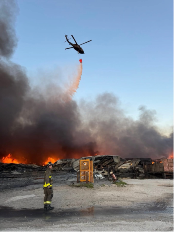 At the request of the Tennessee Emergency Management Agency, a Tennessee Army National Guard UH-60V Blackhawk helicopter with the 1-230th Assault Helicopter Battalion, based in Jackson, supported firefighters battling an industrial fire at the Sigma Renew 360 plant in Henry County, May 8. (Courtesy Photo) At the request of the Tennessee Emergency Management Agency, a Tennessee Army National Guard UH-60V Blackhawk helicopter with the 1-230th Assault Helicopter Battalion, based in Jackson, supported firefighters battling an industrial fire at the Sigma Renew 360 plant in Henry County, May 8. (Courtesy Photo)