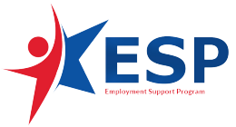 Employment Support Program - ESP logo - a red white and blue star with the letters ESP and Employment Support Program text