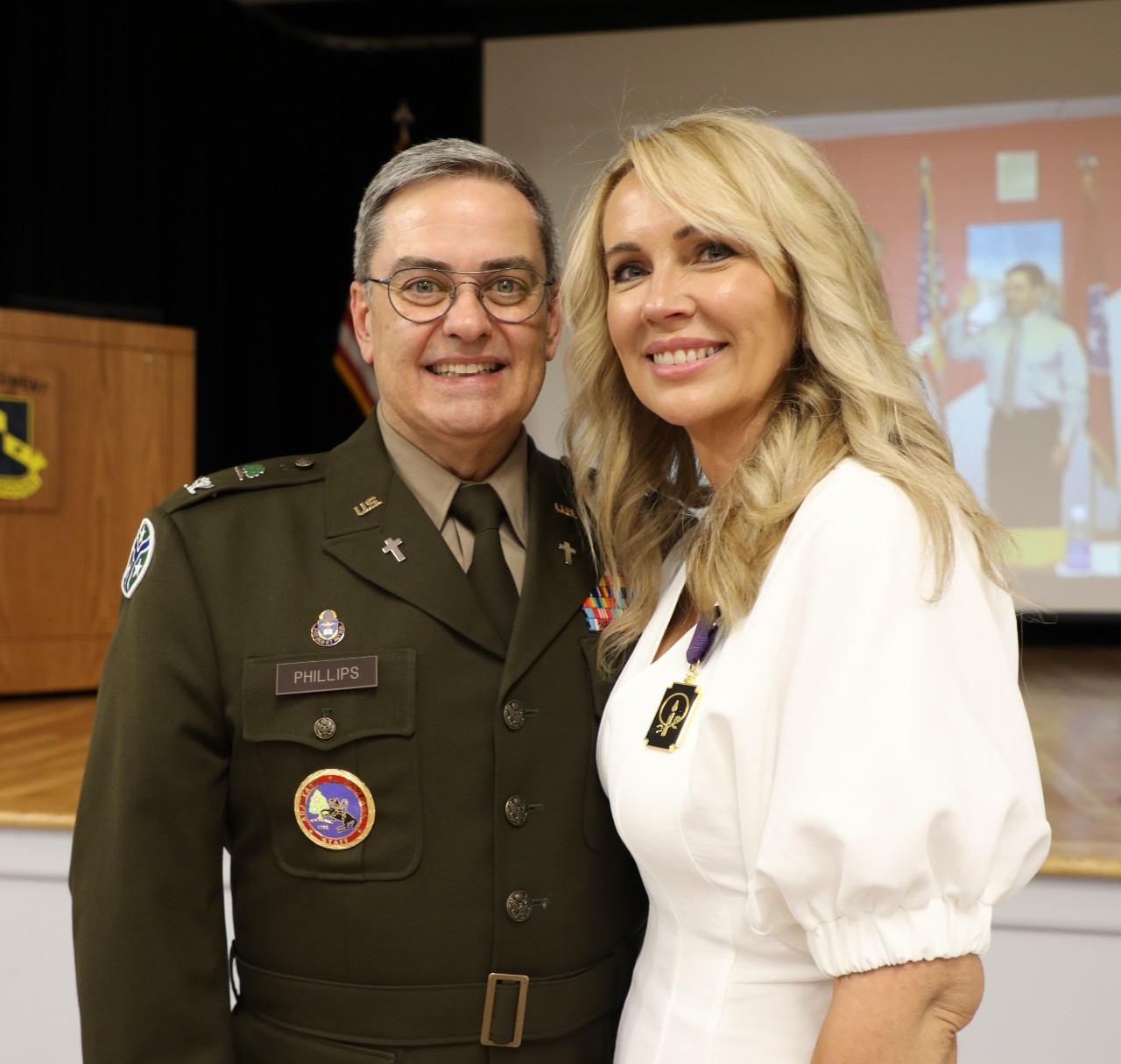 Cookeville native Col. Mark Phillips, and his wife Regina, celebrate Col. Phillips retirement from the Tennessee Military Department and the Tennessee National Guard after more than two decades of service as the state’s senior chaplain, during a ceremony at Smyrna’s Volunteer Training Site, April 28. (photo by Lt. Col. Darrin Haas)
