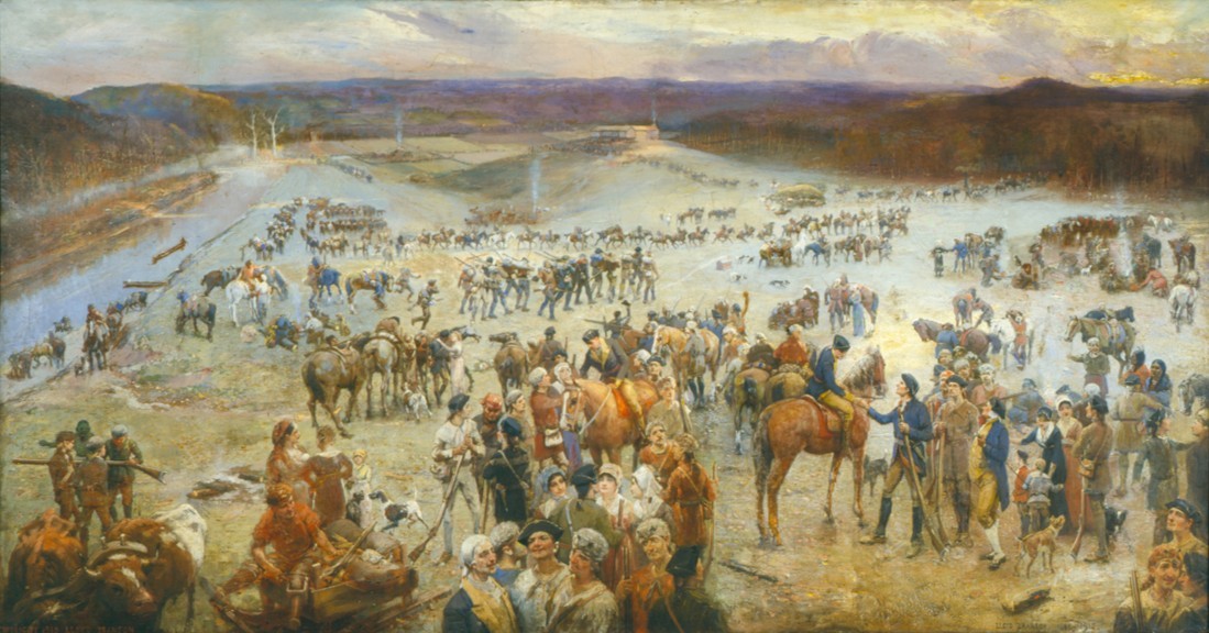 “Gathering of the Overmountain Men at Sycamore Shoals” by Lloyd Branson, Tennessee State Museum Collection Image of the painting “Gathering of the Overmountain Men at Sycamore Shoals” by Lloyd Branson. A large group of men dressed in colonial attire gathered on a riverbank with their horses