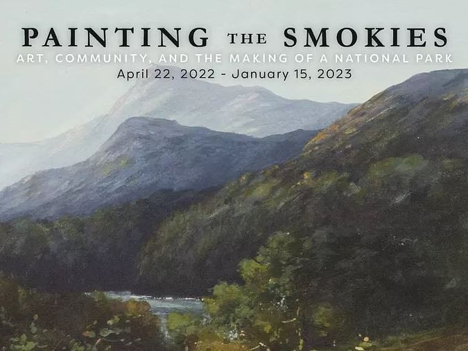Painting the Smokies Title over A Mountain Landscape with Stream painting by Charles C. Krutch.