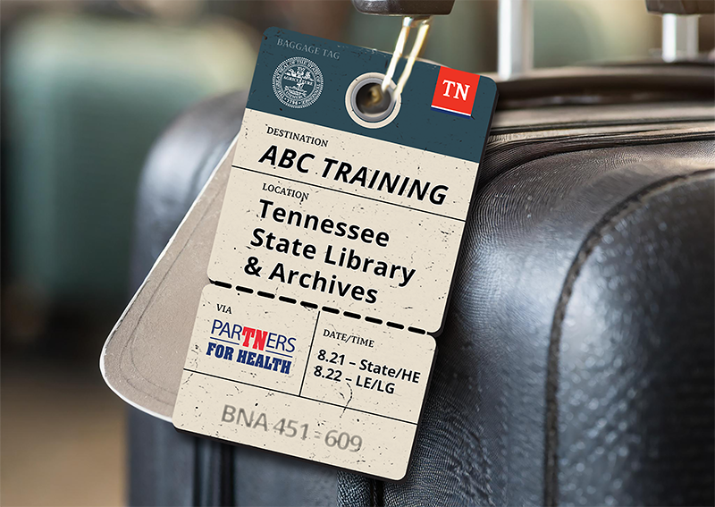 luggage tag featuring upcoming dates for the 2024 ABC Roadshow to be held at the state library and archives near downtown Nashville