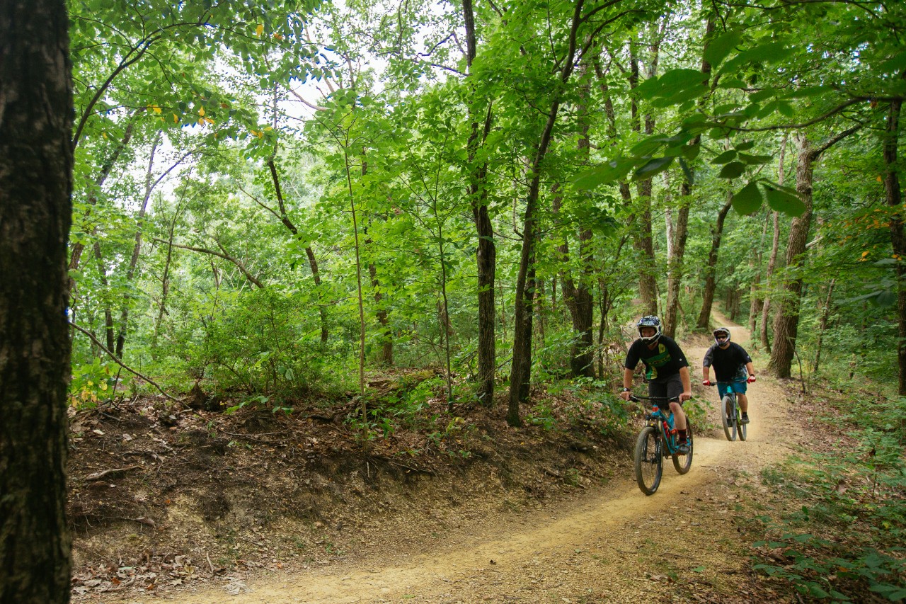 Two cyclists ride along a dirt trail through a wooded area.