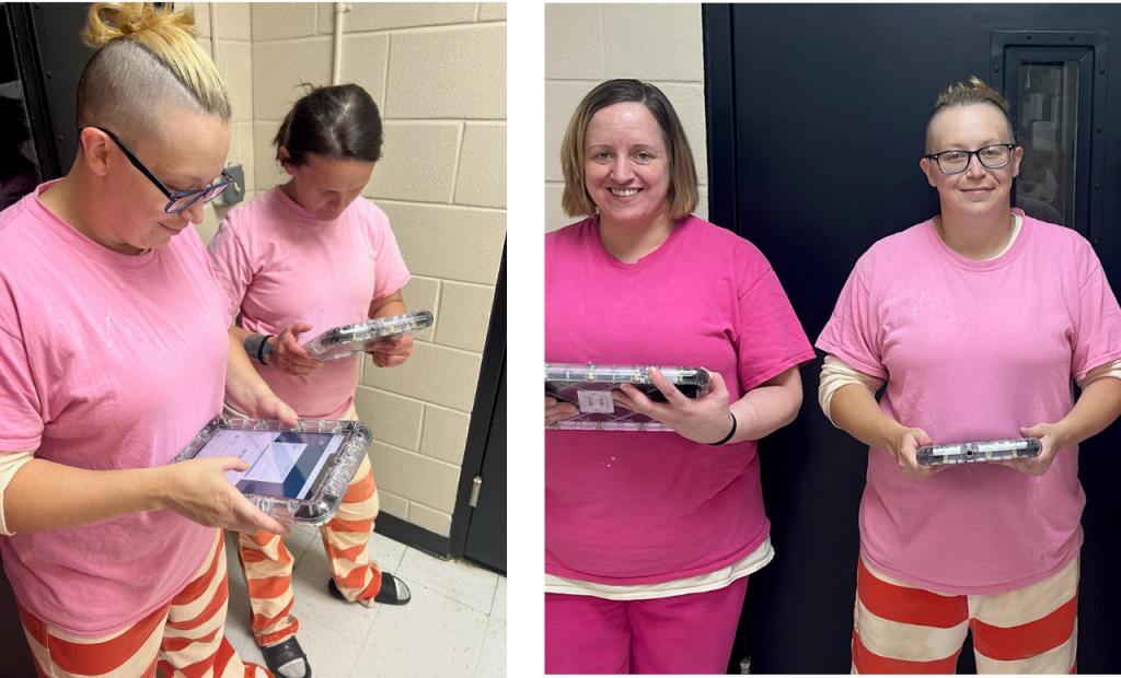 In a two-photo collage, two women in matching pink shirts hold tablet devices; in one image they look down at the screens, and in the other they face the camera while holding the tablets.