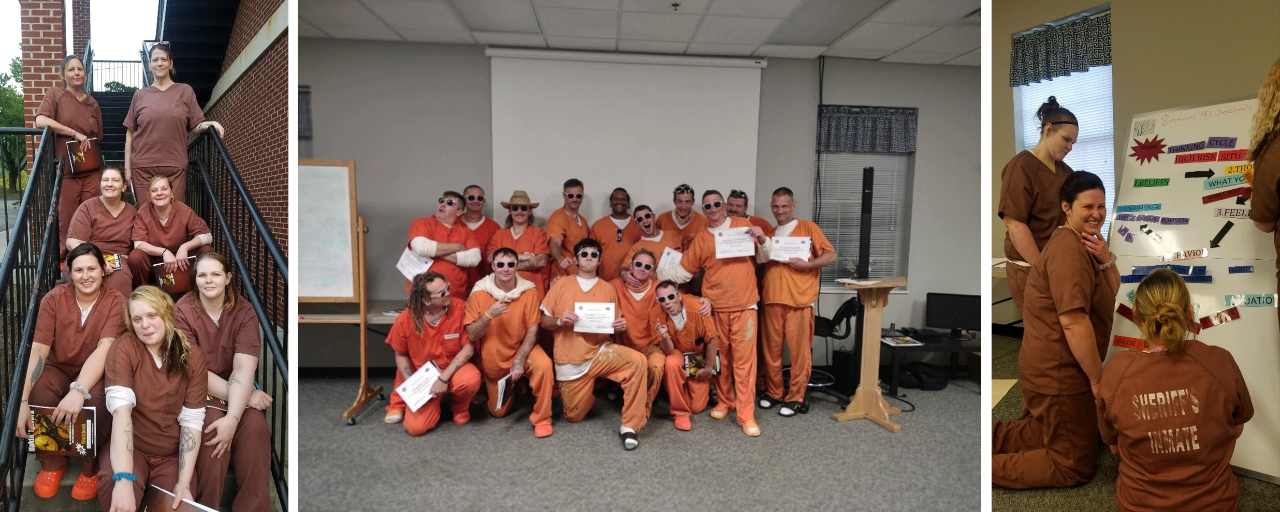 A three-photo collage shows groups of incarcerated men and women participating in classes and group activities, including holding certificates, sitting on stairs outdoors, and working together on a classroom poster.