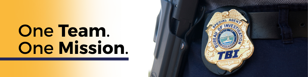Banner graphic featuring the TBI badge on an agent's hip, along with the text, 'One Team. One Mission.'
