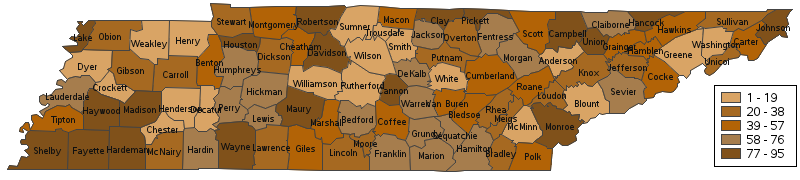 Education Map of Tennessee with 95 counties highlighted in shades of orange