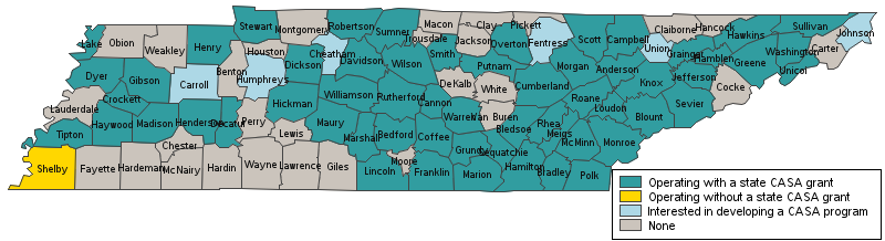 CASAMapNov2023 Multicolored map of Tennessee highlighting 95 counties that operate with or without CASA grants
