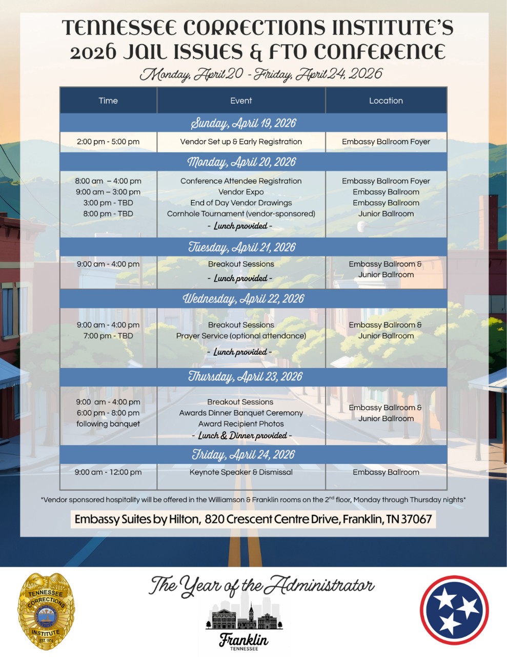 flyer showing general agenda for the week of the TCI Jail Issues & FTO conference in Franklin, TN April 20-24, 2026
