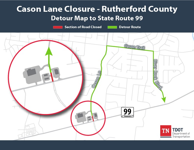Detour Map for Cason Lane Closure at SR 99 in Rutherford County