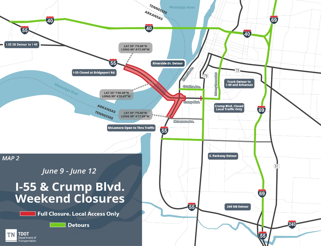 I-55 & Crump Blvd. Weekend Closures Detour Map - MAP 2