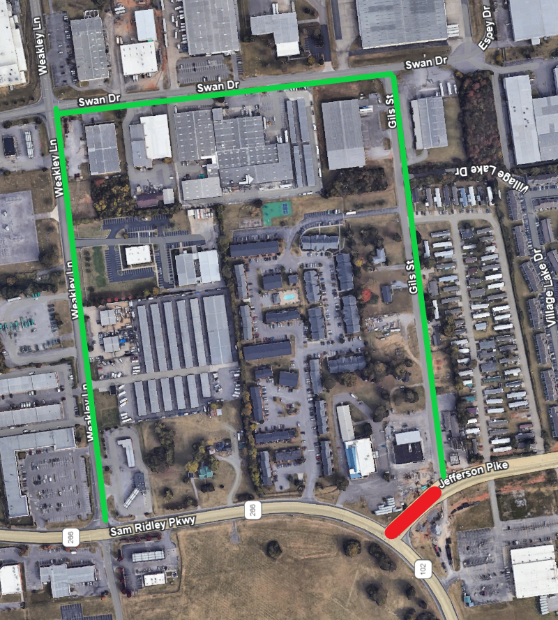 Image showing closure of Jefferson Pike and detour using Gils Drive and Weakley Lane.