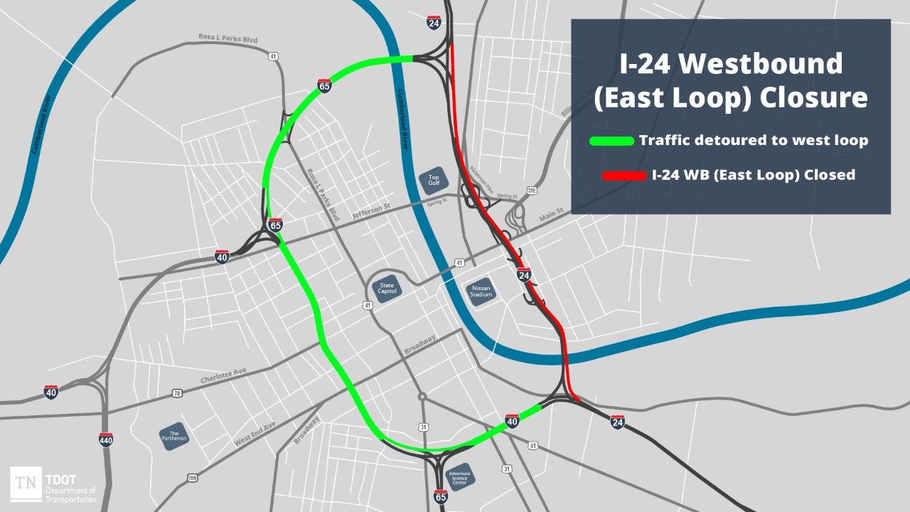 I-24 WB East Loop Closure_v1 Map showing closure on I-24 and detour around it.