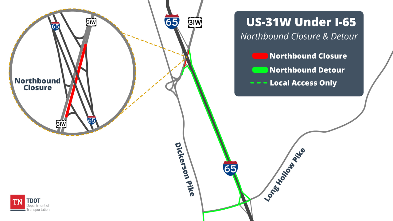 Map showing closure of US31W NB and detour