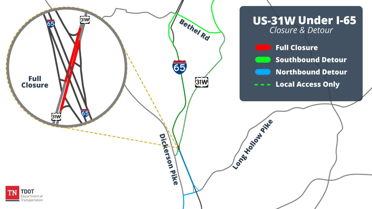 Map showing full closure and detour of US-31W in both directions