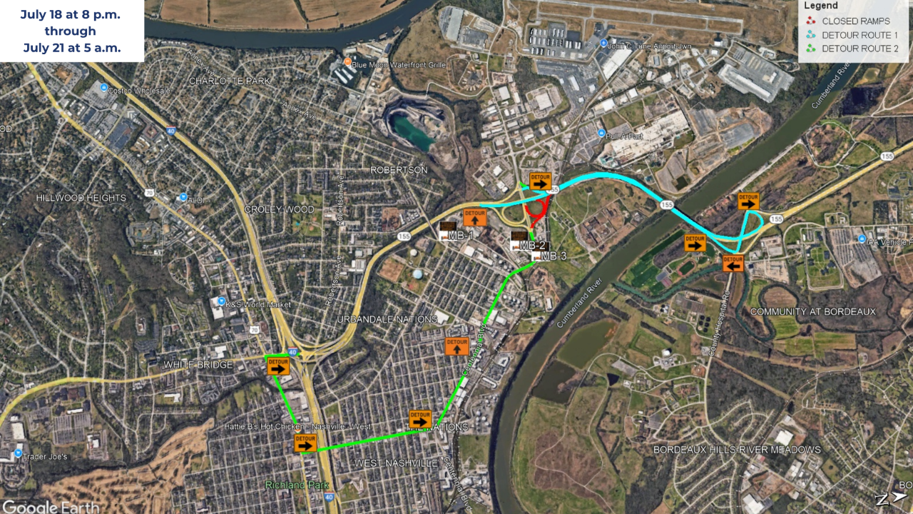 Image shows weekend two of Briley Pkwy/Centennial Blvd ramp closures.